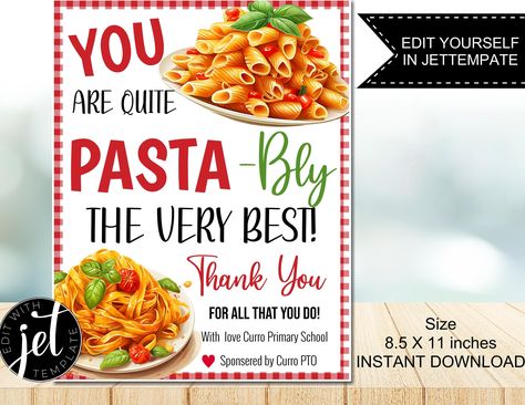 Editable Pasta Sign, Appreciation Printable, You Are Pasta-bly The Very Best Lunch Dinner Spaghetti Italian Staff Employee Teacher by NannyBunDesigns on Etsy Pasta Teacher Appreciation, Italian Teacher Appreciation Lunch, Teacher Appreciation Decor, Teacher Appreciation Decorations, Teacher Appreciation Lunch, Dinner Spaghetti, Appreciation Gifts Diy, Teacher Appreciation Gifts Diy, Staff Morale