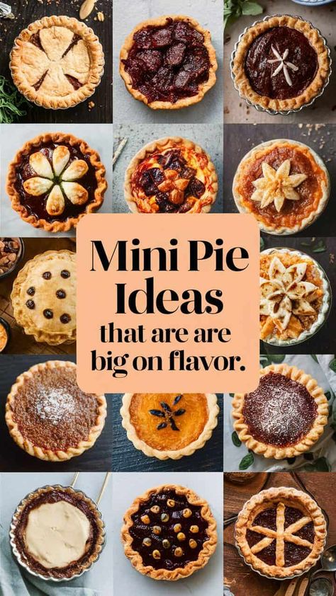 5 Mini Pie Ideas That Are Big on Flavor (and Perfect for Party!) Mini Pie Designs, Mini Pie Display Party Ideas, Thanksgiving Desserts Mini Pies, Wedding Desserts Fall, Assorted Mini Pies, Mini Cookie Pies, Pie First Birthday Party Ideas, Pie Ideas Creative, Mini Fall Pies