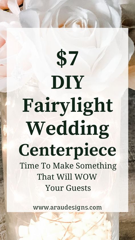 Looking for a wedding centerpiece on a budget? This stunning DIY fairy light wedding centerpiece costs about $7! To make this simple wedding decor centerpiece, you can use vases, lanterns, or mason jars. I made this centerpiece for our reception, which was a perfect addition to our wedding table decor. It completely changed our dull barn into a whimsical and romantic rustic space. It's super easy; definitely give this DIY a try ! You won't regret it! Winter Wedding Centerpieces Diy, Rehearsal Dinner Decorations Table, Reception Centerpieces Diy, Simple Wedding Table Centerpieces, Simple Elegant Centerpieces, Wedding Reception Centerpieces Diy, Fairy Light Wedding, Glass Vase Wedding Centerpieces, Rehearsal Dinner Centerpieces