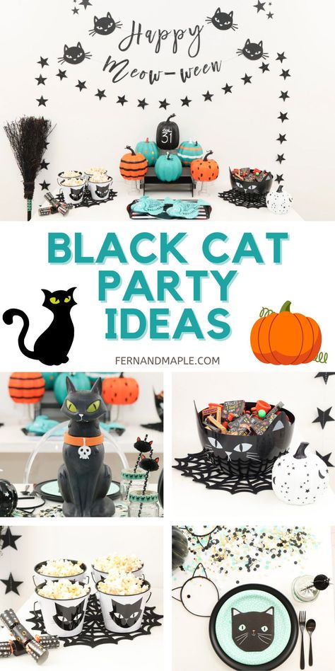 Throw the purr-fect Black Cat Halloween themed party for all of the cat-loving kids in your life with these decorating ideas from www.fernandmaple.com! Cat Theme Halloween Decor, Cat Themed Halloween Party, Halloween Cat Birthday, Black Cat Halloween Party Ideas, Black Cat Party Decorations, Diy Halloween Cat Decorations, Black Cat Halloween Party, Black Cat Trunk Or Treat Ideas, Black Cat Themed Birthday Party