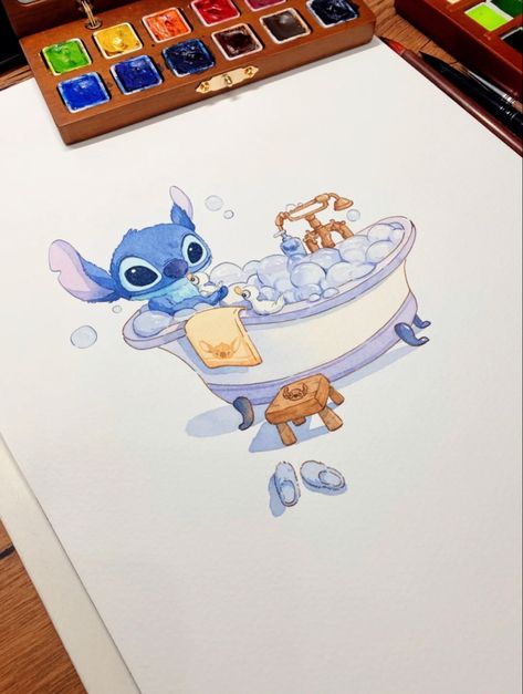 Stitch Watercolor, Disney Watercolor, Tulip Drawing, Markers Drawing Ideas, Drawing Ideas List, Sketch Portrait, Stitch Drawing, Cute Doodles Drawings, Pinturas Disney