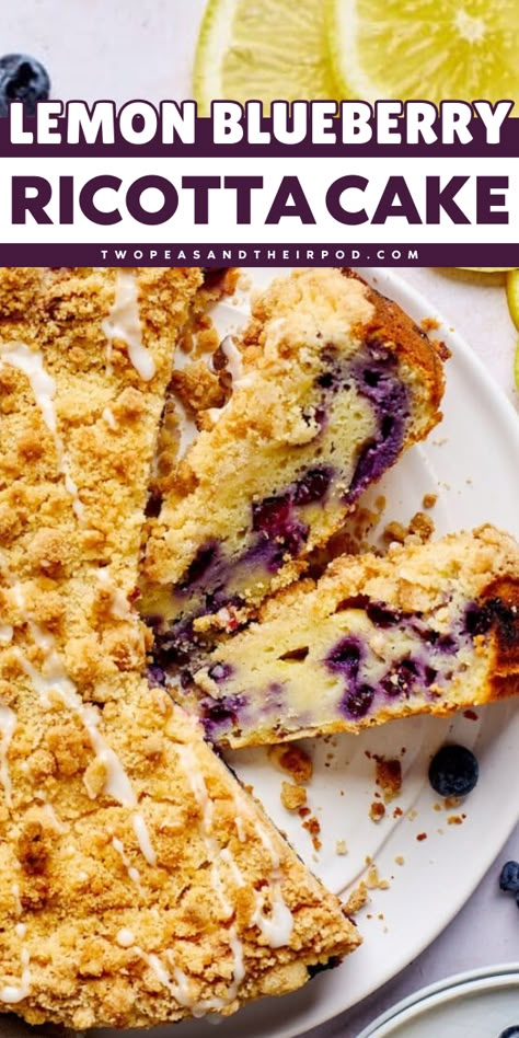 This Lemon Blueberry Ricotta Cake is an easy Easter dessert recipe that's tender, moist, and bursting with blueberries and lemon flavors! This homemade cake is also a great addition to your Spring dessert ideas!