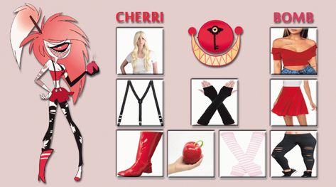 HAVE YOUR OWN CHERRI BOMB COSTUME FROM HAZBIN HOTEL Helluva Boss Inspired Outfits, Hazbin Hotel Outfit Ideas, Hazbin Hotel Makeup, Cherry Bomb Outfits Casual, Hazbin Hotel Inspired Outfits, Cherry Bomb Hasbin Hotel, Hazbin Hotel Halloween Costumes, Hazbin Hotel Cherri, Hazbin Hotel Charlie Cosplay