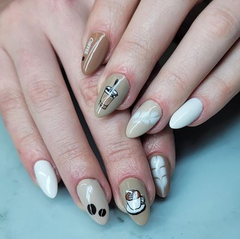 Coffee Cup Nail Art, Coffee Nail Art Designs, Coffee Nails Designs Art Ideas, Coffee Themed Nails, Iced Coffee Nails, Latte Art Nails, Coffee Inspired Nails, Latte Nail Art, Coffee Nails Designs