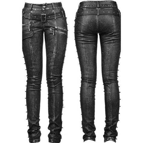 Punk Rave Skinchanger Trousers, Steampunk Pirate Leather Look Jeans... ❤ liked on Polyvore featuring pants, leather look pants, faux leather pants, slim fit trousers, punk rock pants and vegan leather pants All Leather Outfit Women, Clothes Texture, Skull Jeans, Rave Jeans, Steampunk Pants, Leather Look Jeans, Goth Pants, Look 80s, Angel Clothing