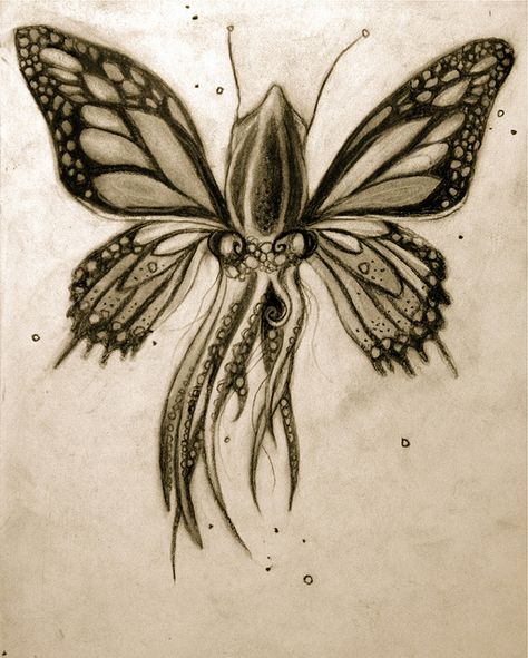 Sharlena Wood butterfly squid Animal Hybrid Drawing, Butterfly Hybrid, Metamorphosis Art, Animal Mashups, Exquisite Corpse, Animal Art Projects, Wood Butterfly, Hybrid Art, Gcse Art Sketchbook