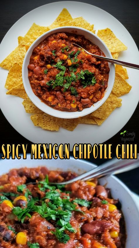 This simple spicy, rich and meaty chili whips up quickly and hits the spot thanks to Fieldroast Mexican Chipotle plant-based sausages and a food processor. Just pulse the veggies instead of chopping then pulse the sausages into ground. Sauté & simmer in one pot for dinner in under an hour. *note- I found this recipe very spicy but my family united in saying I was a wimp. Impossible Spicy Sausage Recipes, Chipotle Sausage Recipes, Spicy Sausage Recipes, Meaty Chili, Vegan Sausage Recipe, Vegan Shredded Cheese, Chipotle Chili, Vegan Tacos, Vegan Mexican