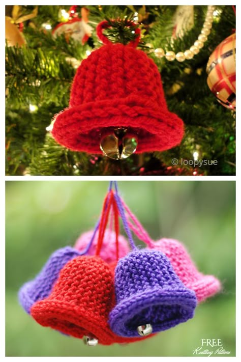 Christmas Bell or Ornament Free Knitting Patterns Christmas Toy Knitting Patterns, Christmas Knitting Projects, Knit Christmas Ornaments, Knitted Christmas Decorations, Xmas Bells, Christmas Knitting Patterns Free, Quick Crochet Projects, Knitting Patterns Toys, Christmas Knitting Patterns