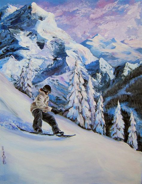 Ski Watercolor, Snowboard Drawing, Snowboard Illustration, Ski Painting, Snowboard Art, Hipster Drawings, Ski Art, Painting Canvases, Snowy Mountain