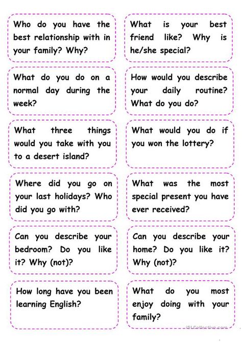 Speaking Cards 2 - General Questions - English ESL Worksheets for distance learning and physical classrooms English Speaking Exercises, English Conversation Learning Worksheets, Speaking Cards For Adults, English Questions For Speaking, Speaking Cards Intermediate, Speaking Topics English, Speaking Cards For Kids, Speaking Cards For Beginners, English Speaking Practice Conversation