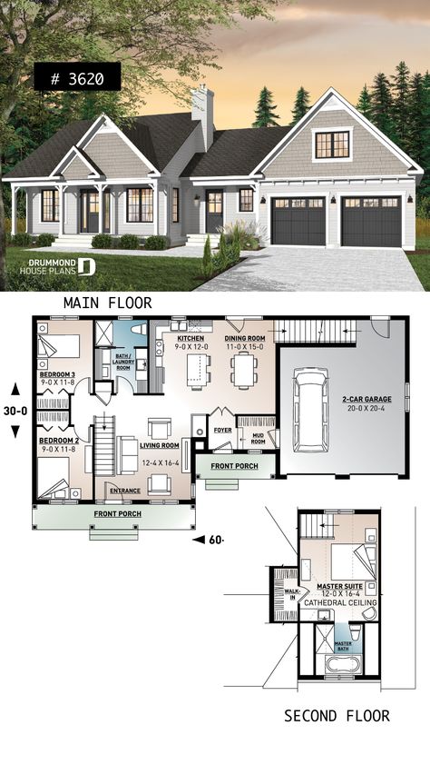 Master suite above garage, 2 beds. on main, open space, mud room, double garage Industrial House Plans, Garage Additions, Above Garage Apartment, Floorplan Ideas, Classic House Plans, Drummond House Plans, Garage Addition, Decorating House, Garage Apartment Plans