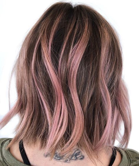 Subtle Pink Streaks for Brown Hair Brown Hair Pastel Pink Highlights, Streaks For Brown Hair, Pink Highlights In Brown Hair Straight, Short Hair With Pink Highlights, Pink Lowlights In Brown Hair, Brown Hair With Pink, Partial Foil, Cotton Candy Pink Hair, Pink Hair Streaks