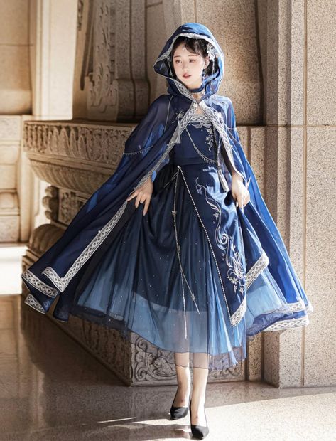 Dreaming of the Milky Way Qi Lolita Jumper Dress and Cape Set Womens Cosplay, Mode Kawaii, Jumper Skirt, Hooded Cloak, Sling Dress, Dress Suits, Waist Dress, Kawaii Fashion, Cloak