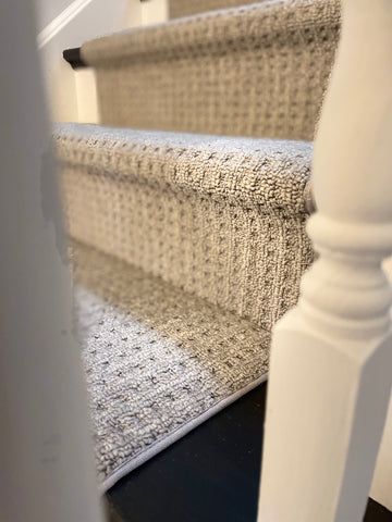 Carpeted Stairs With Wood End Caps, Basement Stairs Carpet Ideas, Low Pile Carpet Stairs, Basement Stair Carpet, Wall To Wall Carpet Stairs, Berber Carpet Stairs, Textured Carpet On Stairs, Carpet On Stairs Ideas, Stairway Carpet Ideas