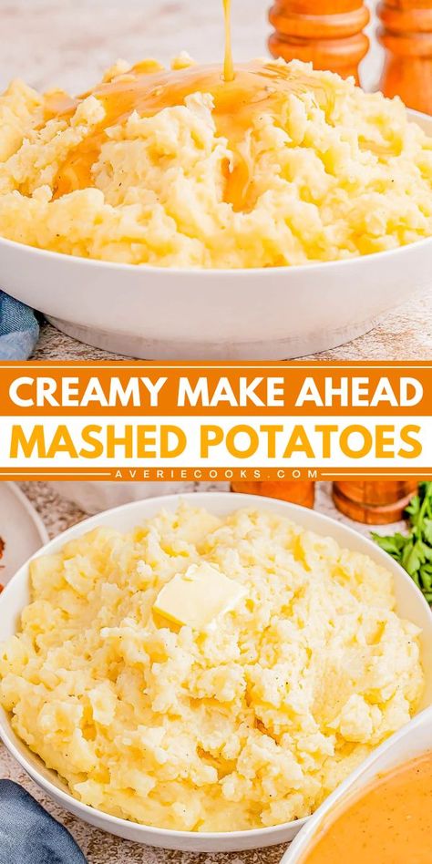 You're going to love these easy Make Ahead Mashed Potatoes! 5 ingredients are all you need for this Christmas dinner idea. Fluffy, creamy, and rich in flavor, these homemade mashed potatoes are a perfect Christmas side dish recipe! Ree Drummond Mashed Potatoes Make Ahead, Make Ahead Cheesy Mashed Potatoes, Frozen Mashed Potatoes Recipes, Make Ahead Mash Potatoes, Mashed Potatoes Recipe Cheesy, Mashed Potatoes With Heavy Cream, Homemade Mashed Potatoes Easy, Make Ahead Mashed Potatoes Recipe, Mash Potato Dishes