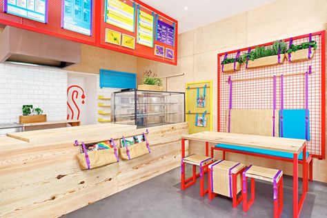 Bright & Colorful Restaurant with Branding to Match - Design Milk Bright Interior Design, Colorful Restaurant, Blog Design Inspiration, Small Restaurant, Mediterranean Kitchen, Bar Design Restaurant, Retail Design Blog, Restaurant Interior Design, Interior Design Art