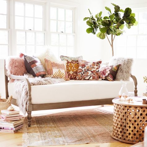 The Best Columbus Day Weekend Sales: Shop Furniture, Decor and More! Queen Daybed Room Ideas, Indonesian Daybed, Daybed Room Ideas, Daybed In Living Room, Queen Daybed, Daybed Couch, Farmhouse Decorating Ideas, Modern Bohemian Living Room, Daybed Room