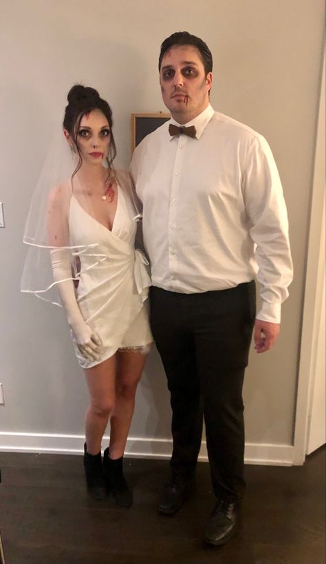 Zombie Dead Bride and Groom Costume Bridezilla Costume Halloween, Zombie Couples Costumes, Dead Bride Makeup Halloween, Bride And Groom Costume Halloween, Bridezilla Costume, Halloween Zombie Makeup Men, Dead Bride And Groom Costume, Dead Bride And Groom Halloween, Zombie Bride And Groom Costume