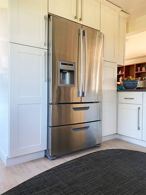 Cabinet Built Around Refrigerator, Cabinet By Refrigerator, Inside Refrigerator Ideas, Kitchen Refrigerator Counter Depth, Best Counter Depth Refrigerator French Doors, Counter Height Refrigerator, Ge Cafe Counter Depth Refrigerator, Non Counter Depth Refrigerator, Cabinets Beside Fridge