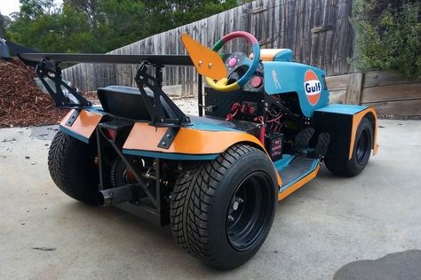 Custom Lawn Mower, Lawn Mower Go Kart, Race Mower, Racing Lawn Mower, Racing Mower, Custom Go Karts, Small Garden Tractor, Lawn Mower Racing, Go Kart Designs