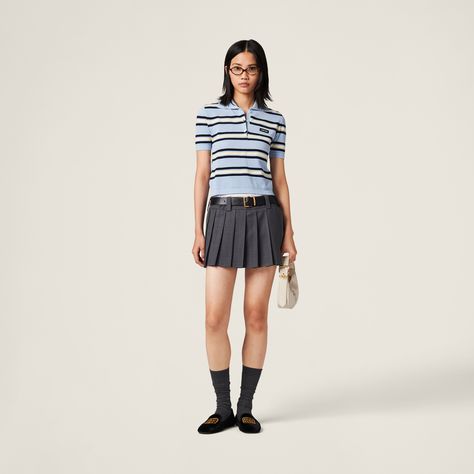 Find MIU MIU Pleated Pinstripe Skirt on Editorialist. Pleated silhouette Side zipper closure Embroidered logo Miu Miu Pleated Skirt, Miu Miu Outfit Fashion Styles, Miu Miu Outfit Aesthetic, Miu Miu Skirt Outfit, Miumiu Outfit, Miu Miu Aesthetic, Preppy Core, Miu Miu Outfit, Miumiu Fashion