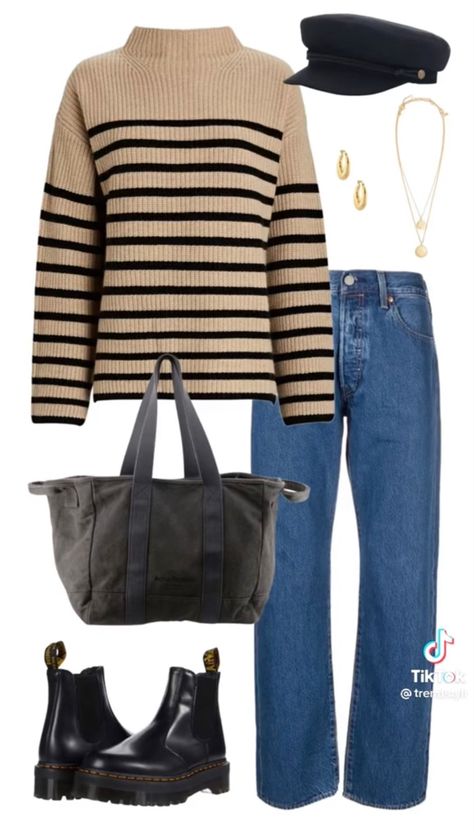 Baggy Bag, Black Stripe Sweater, Baggy Jeans Outfit, Comfy Fall Outfits, Fall Transition Outfits, Fashion Layout, Mood Board Fashion, Cream Sweater, Cute Hats