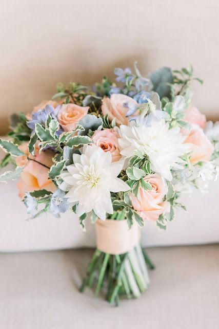 Dusty Blue And Peach Bouquet, White Wedding Flowers With Pops Of Color, Blue Peach White Wedding, Ice Blue And Peach Wedding, Blue Bridesmaids Colorful Flowers, Pink Summer Wedding Flowers, Peach Blue And Green Wedding, Peach And Blue Wedding Flowers, Petite Bridal Bouquet