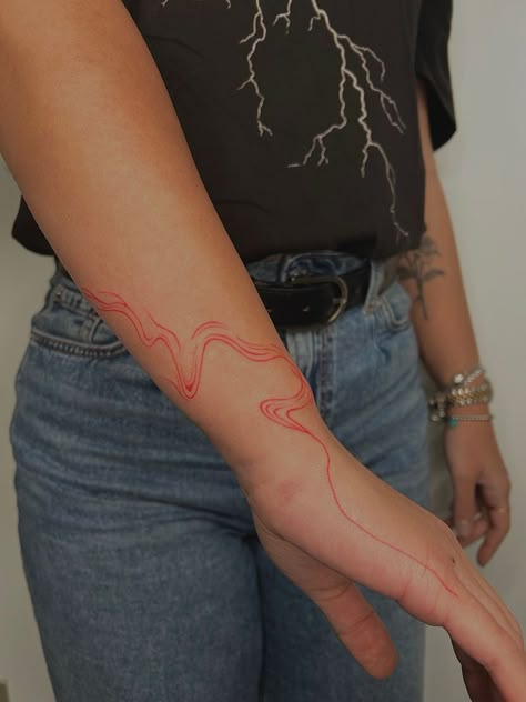 Red Ink Swirl Tattoo, Red Abstract Line Tattoo, Red Ink Line Work Tattoo, Red Ink Flower Tattoo Arm, Line Swirl Tattoo, Red Wavy Lines Tattoo, Red Line Finger Tattoo, Abstract Arm Wrap Tattoo, Wavy Line Tattoo Arm