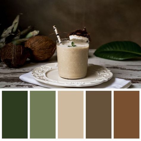 Green Biege Colour Palette, Greens And Browns Palette, Forest Green Color Palette Bedroom, Cafe Color Scheme, Colours That Go With Brown, Cafe Color Palette, Cafe Palette, Natural Colour Scheme, House Color Palettes