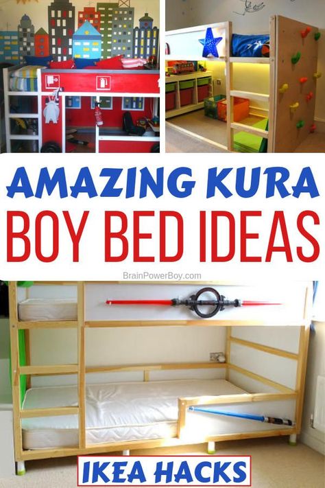 Kura Bed IKEA Hacks for Boys Rooms That Are Super Cool! You have to see these awesome beds! Fun Boy Beds, Fire Truck Bunk Bed, Kura Bed Rail, Ikea Kura Bed Storage, Toddler Boys Bunk Beds Room Ideas, Bunk Bed Transformation Ideas, Ikea Kura Bed Boys Room, Ikea Kura Bed Hack Boys, Kura Bed Ideas For Boys