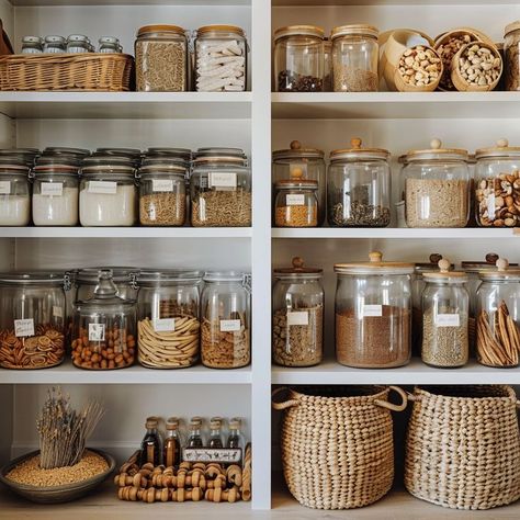 Stylish and functional pantry organization with labeled jars of dry goods, spices, and snacks on neatly arranged shelves. Pantry Layout, Pantry Inspiration, Pantry Organization Ideas, Efficient Kitchen, Organized Pantry, Jar Labels, Functional Kitchen, Dry Goods, Storage Room