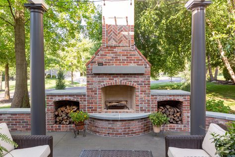 Backyard Brick Fireplace, Red Brick Outdoor Fireplace, Outdoor Brick Fireplace Ideas, Brick Outdoor Fireplace, Outdoor Fireplace Ideas Backyards, Outdoor Fireplace Brick, Exterior Fireplace, Patio Remodel, Beautiful Outdoor Living Spaces