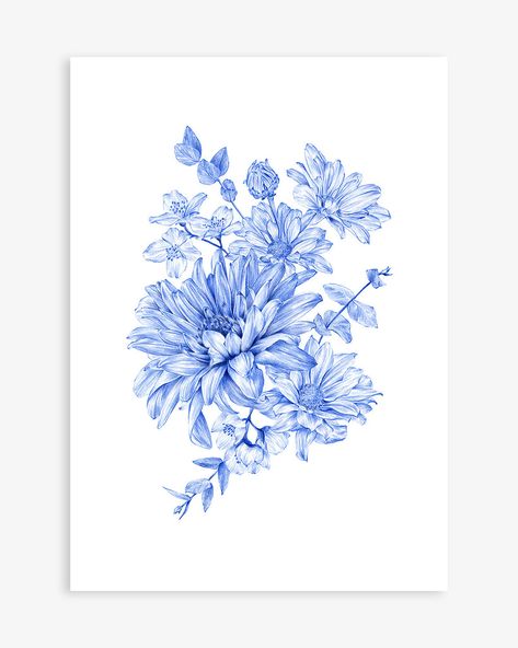 Blue Flower Drawing, Hui Art, Blue White Painting, Blue Paintings, Loose Bouquet, Blue Flower Art, Blue And White Design, Botanical Drawing, Mandala Art Therapy