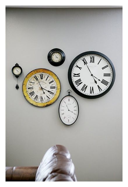 {around the house} the clock wall - Eighteen25 Wall Clock Collage, Tick Tock Clock, Hanging Items, Clock Display, Clock Wall, Tick Tock, Wall Gallery, Wall Artwork, Kraft Paper