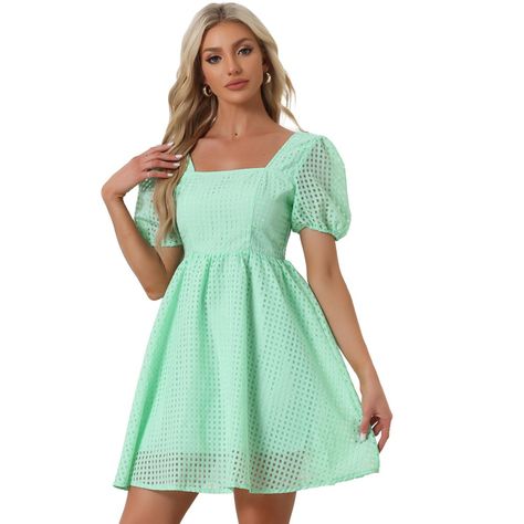 You will love this sweet dress in your spring summer outings. This dress features short sleeve and square neck with Solid color for eye-catching. Occasion: suitable for Fall, Spring, Summer, Date, Party, Work, Beach, Vacation, At Home, and Weddings Guest. You can also accessorize with a wide-brimmed sun hat, sunglasses for a vacation style. Perfect to pair it with heels and sandals. Party Dress Green, Beach Party Dress, Short Party Dress, Mini Skater Dress, Tiered Midi Dress, Sweet Dress, Mini Shift Dress, Trending Dresses, Flowing Maxi Dress