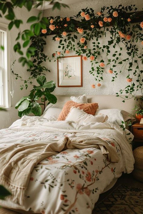 Minimalist Floral Bedroom, Modern Cottagecore Bedroom, Floral Bedroom Aesthetic, Cottage Core Interior, Modern Cottagecore, Cottagecore Bedroom, Nature Room, Aesthetic Bedroom Decor, Floral Bedroom