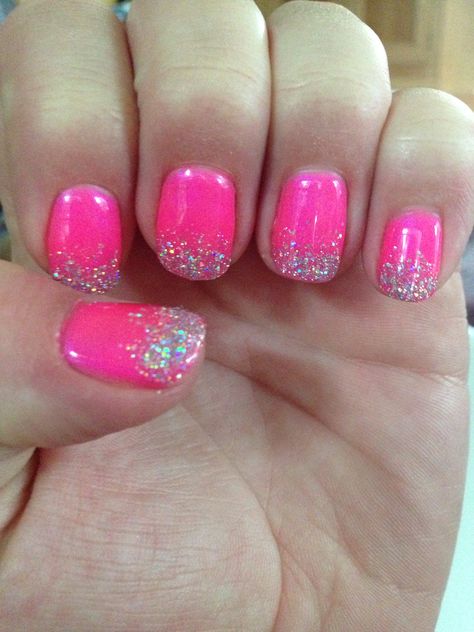 Hot Pink Nails With Glitter, Barbie Pink Nails, Bright Pink Nails, Pink Sparkles, Hot Pink Nails, Summer Toe Nails, Nail Colours, July Nails, Nail Patterns