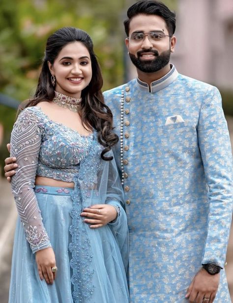 Mens Dress For Engagement, Lehanga Couple Poses, Groom Indian Engagement Outfits, Ingejment Poses Indian, Engagement Dress For Bride And Groom, Couple Engagement Dress Indian, Engagement Looks For Indian Couple, Engagement Couple Outfits Indian, Reception Couple Dress Indian