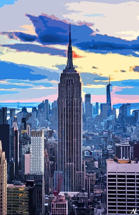 Empire State Building Painting, Empire State Building Drawing, Pop Art Ideas, Nyc Drawing, Art Ideas Easy, New York Drawing, New York Illustration, Nyc Landmarks, Skyline Artwork