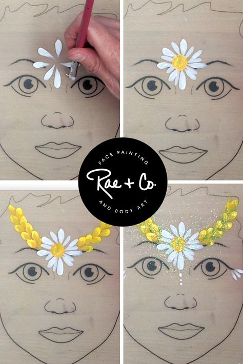 Click through for a quick timelapse of how to do this daisy floral crown with face paint. What's great is that it can be done with beginner supplies!  #facepaint #floralfacepaint #daisyfacepaint Face Paint Step By Step Easy, Face Painting Ideas For Beginners, Quick Easy Face Painting, Easy Beginner Face Painting, Face Painting On Hand, Learn How To Face Paint, Daisy Face Painting, Easy Face Painting For Beginners, Face Paint Beginners