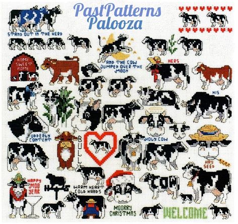 Cross Stitch Patterns Cute, Vintage Cross Stitch Patterns, Cross Stitch Cow, Miniature Cows, Mini Cows, Vintage Cross Stitch Pattern, Vintage Cross Stitch, Mini Cross Stitch, Owl Patterns