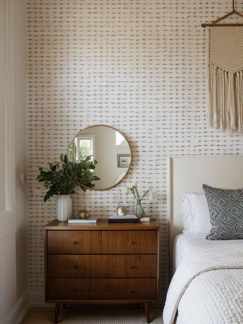 Create a striking accent wall in your bedroom by using peel-and-stick wallpaper with bold geometric patterns. Pair it with a stylish mid-century modern dresser and incorporate an oversized macrame wall hanging as a unique and trendy focal point. Modern Wallpaper Accent Wall, Wallpaper Dresser, Bedroom Accent Wall Ideas, Bedroom Accent Wall, Mid Century Modern Wallpaper, Accent Wall Ideas, Mid Century Bedroom, Mid Century Dresser, Mid Century Modern Bedroom