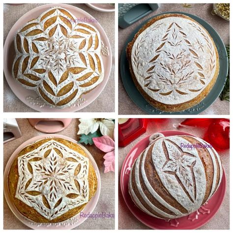 Sourdough Cut Designs Christmas, Sourdough Tree Design, Sourdough Top Designs, New Year Sourdough Scoring, Christmas Shaped Sourdough, Snowflake Bread Scoring, Sourdough Score Designs Christmas, Sourdough Designs Christmas, Christmas Bread Scoring Patterns