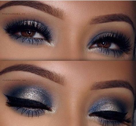 Eye Makeup For A Navy Blue Dress, Navy Blue Prom Dress Makeup Look, Navy Makeup For Brown Eyes, Winter Wedding Makeup For Green Eyes, Royal Blue Eyeshadow Looks Prom, Makeup To Go With Blue Dress, Navy Blue Makeup Looks, Gala Make Up, Jules Makeup