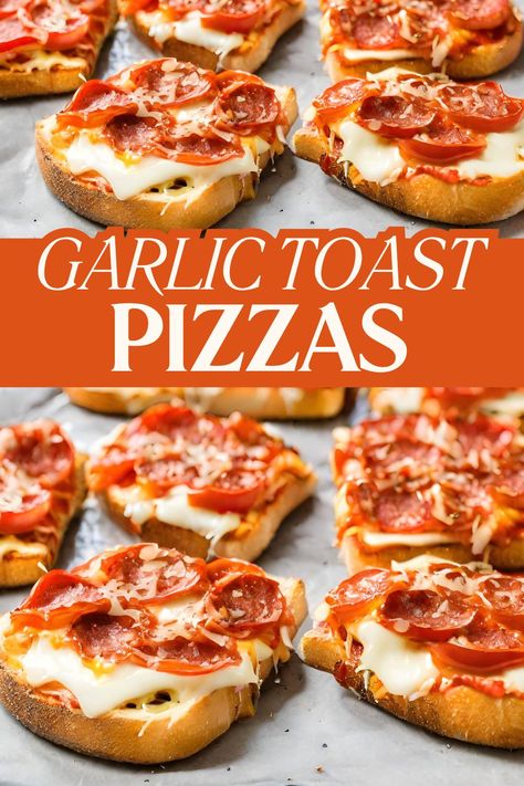 Garlic Toast Pizzas are a delightful twist on traditional pizza. They start with a foundation of crispy garlic toast, which serves as the perfect canvas for a medley of toppings. These toppings typically include rich tomato sauce, gooey melted cheese, and a variety of vibrant veggies. Pizza Alternatives, Garlic Toast, Toast Pizza, Crispy Garlic, Pizza Bites, Quick Easy Dinner, Vegan Pizza, Toast Recipes, Pizza Toppings