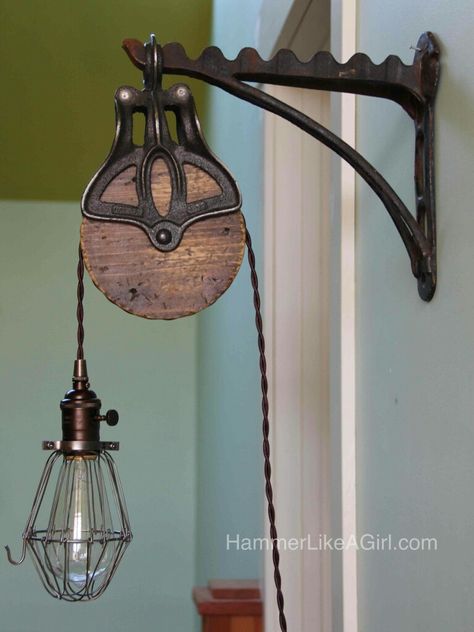 Pulley Light Fixture Diy, Pully Lights, Pully Light, Pulley Light Fixture, Pulley Decor, Patio Furniture Inspiration, Industrial Bathroom Decor, Pulley Light, Diy Pendant Light