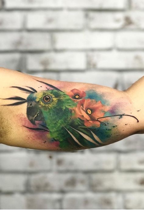 Green Parrot Tattoo, Amazon Parrot Tattoo, Parrot Tattoo Design, Parrot Tattoos, Bird Tattoo Sleeves, Parrot Tattoo, Bird Tattoos For Women, Key Tattoos, Watercolor Tattoo Flower