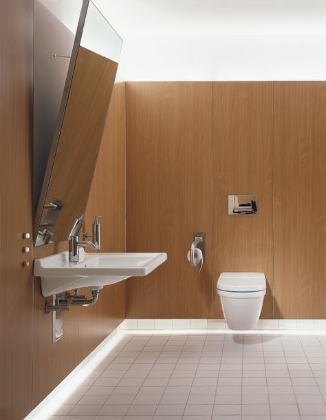 Duravit - Bathroom design series: Starck 3 - washbasins, toilets, bidets and urinals from Duravit. Duravit Bathroom, Accessible Bathroom Design, Ada Bathroom, Portable Bathroom, Restroom Design, Elongated Toilet Seat, Washbasin Design, Accessible Bathroom, Wall Mounted Sink