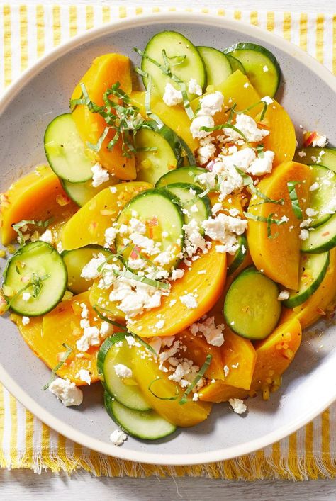 Yellow Beets Salad, Golden Beet Salad, Golden Beets Recipe, Cucumber Beet Salad, Golden Beets Salad, Beet Salad With Feta, Golden Beets, Cucumbers And Onions, Seasonal Salad