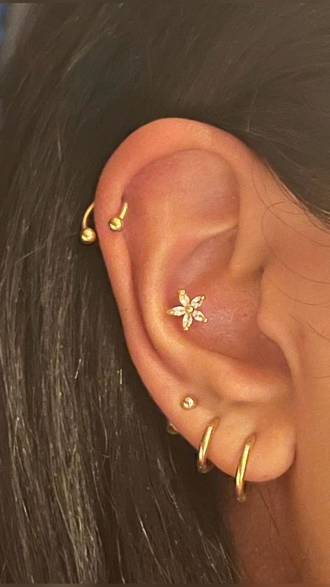 Ear Piercing Ideas Minimalist, Small Ear Piercings Ideas, Earscapes Gold, Eat Pericing Ideas, Ear Mapping Piercing, Simple Ear Piercings, Piercing Curation, Piercing Stack, Ear Piercings Ideas